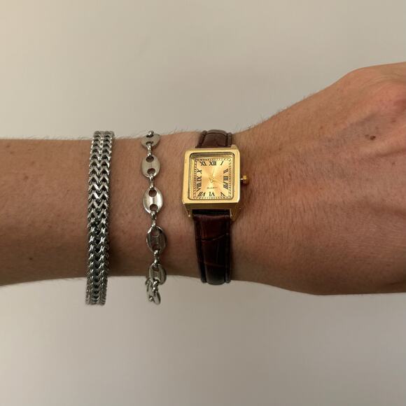 Y2K Gold Brown Leather Quartz Watch with Roman Numerals Unisex 8.5" New - Picture 6 of 6